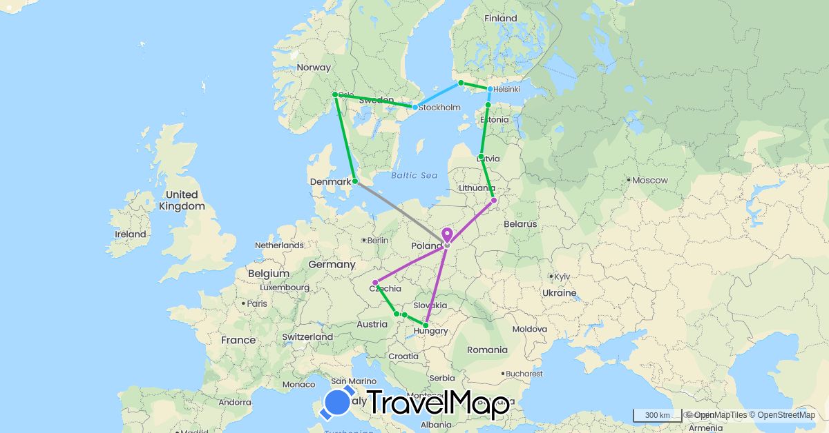 TravelMap itinerary: driving, bus, plane, train, boat in Austria, Czech Republic, Denmark, Estonia, Finland, Hungary, Lithuania, Latvia, Norway, Poland, Sweden, Slovakia (Europe)